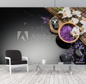 Picture of Spa concept background on black reflective background Top view frame product photograph with copy space Concept photograph with room for text or advertising